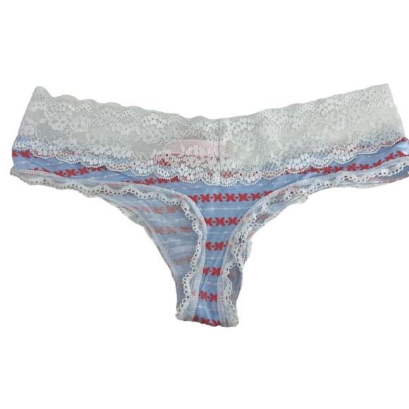 Splendies Blue Pink Pattern White Lace Waist Thong Panty Womens Size Small - Picture 6 of 7